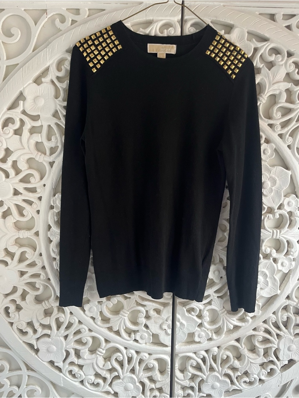 Michael Kors Studded Shoulder Sweater Black Long Sleeve Knit Top Size S